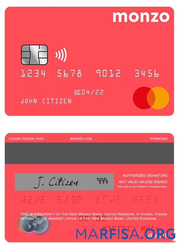 Printable United Kingdom Monzo bank debit mastercard template